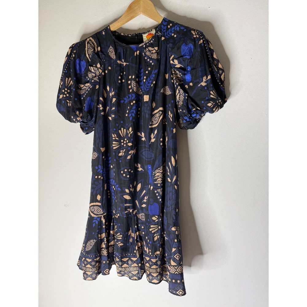 Farm Rio Black Blue Botanical Puff Sleeve Ruffle Mini Dress XS 303768